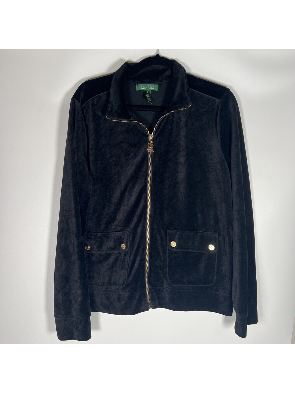 Lauren Ralph Lauren Velour Jacket Black Full Zip Gold Buttons Pockets-Women's L